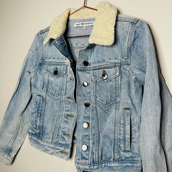 Rebecca Minkoff Light Blue Faux Fur Collar Clark Studded Denim Jacket Size XS - Picture 6 of 13